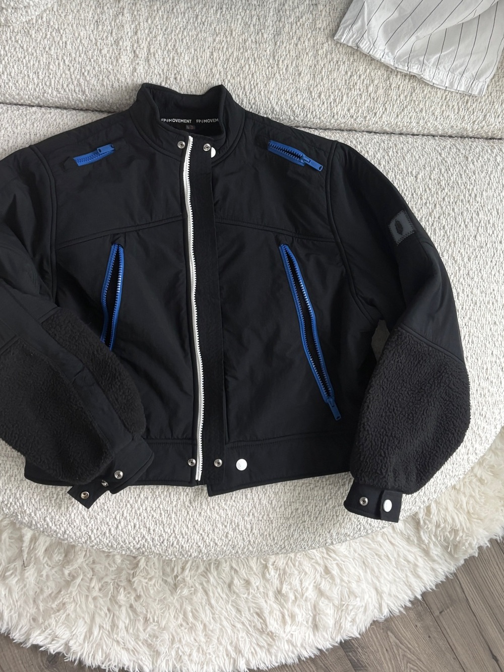 Free People Black Bomber Jacket with Blue Zippers